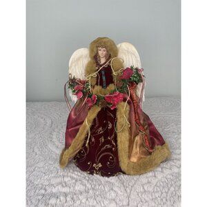 Vtg Christmas Angel Tree Topper Burgundy Gold Faux Fur Coat 16"